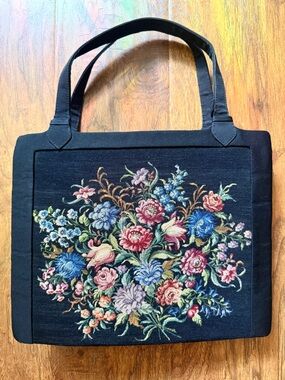 Antique Italian early 1900s petite point embroidered floral handbag